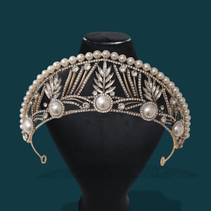 Vintage Gold Bridal Crown: Pearl Wedding Tiara, Handmade