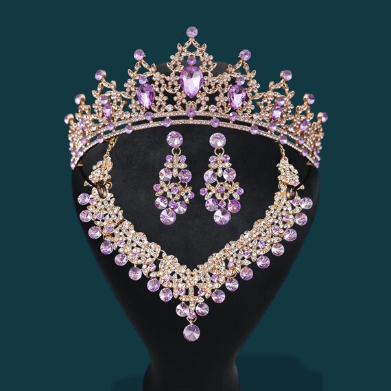 Purple Crystal Wedding Crown Set — Gold Necklace & Earrings  display picture 3