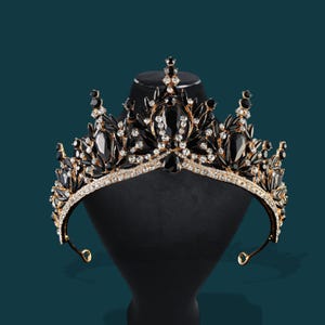 Black Rhinestone Bridal Crown: Elegant Vintage Gold Tiara