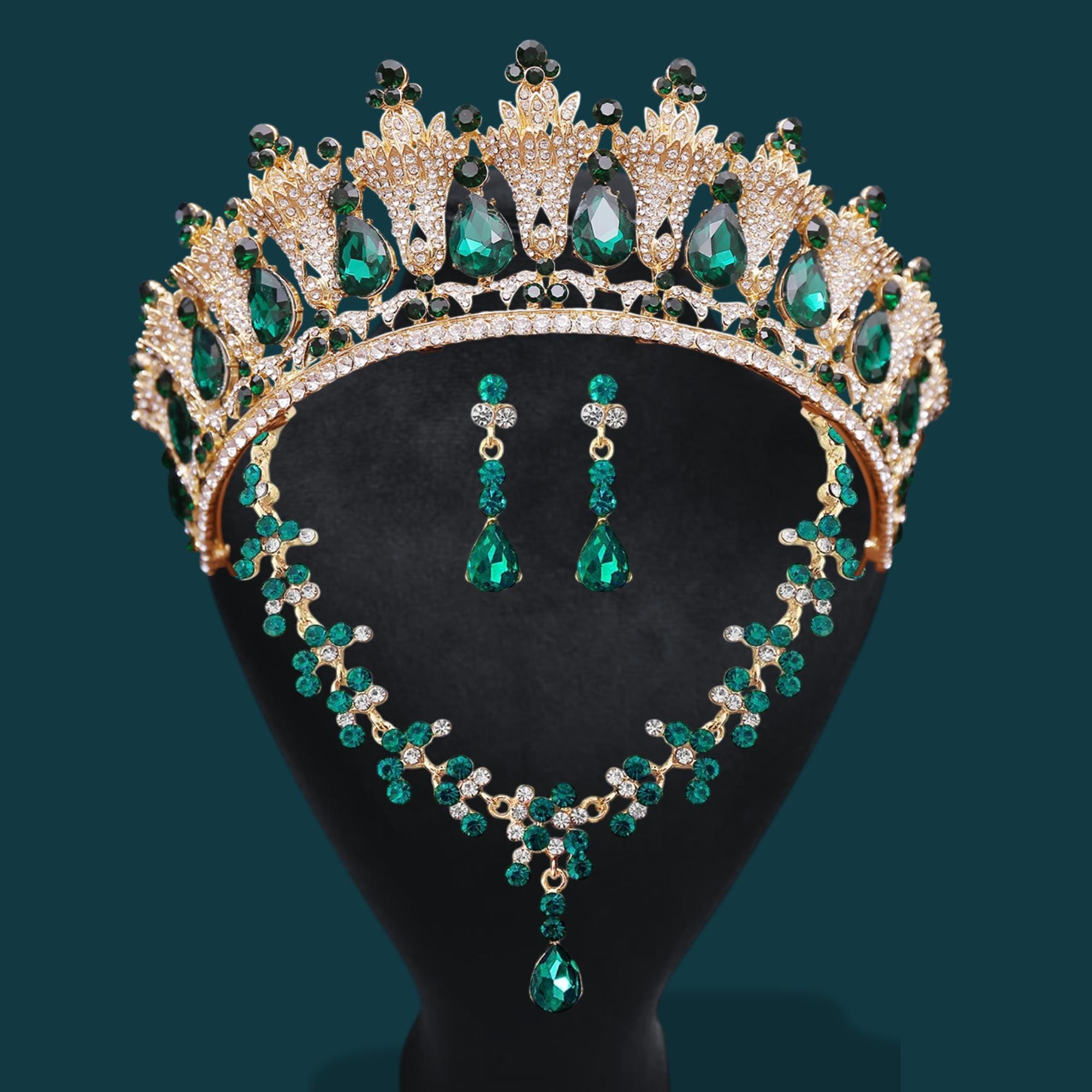 Green Rhinestone Gold Tiara Set: Quinceanera Wedding Crown  display picture 3