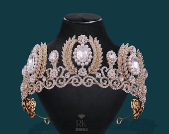 Luxury Wedding Bridal Gold Pearl Crown — Queen Big Head Tiara