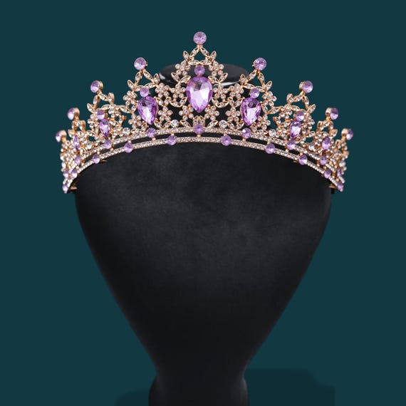 Purple Crystal Wedding Crown Set — Gold Necklace & Earrings  display picture 1
