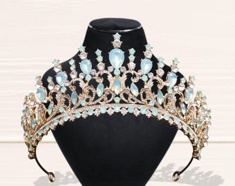 Corona nupcial de ópalo verde, elegante tiara de princesa verde claro, joyería para el cabello de boda, graduación y estilo bohemio.