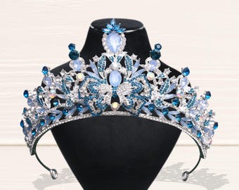 Blauwe opaal bruids bruiloft zilveren kroon, koningin blauwe saffierkristal strass tiara, baltiara's