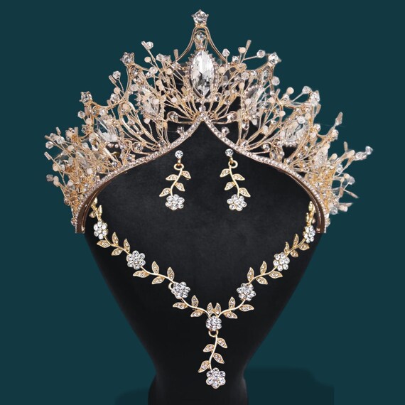 Luxury Gold Wedding Crown Set — Rhinestone Tiara Necklace  display picture 1