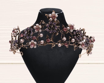 Vintage Bridal Crown, Wedding Purple/Black Pearl Vintage Tiara, Princess Headband Hair Jewelry