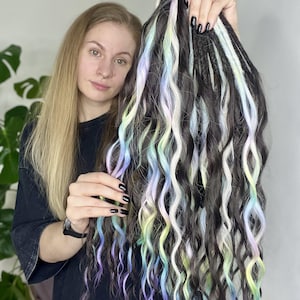 Black Curls with Rainbow Wavy Dreads | Faux Locs with Glitch Effect | Temporary Synthetic Extensions | Easy to Comb | Boho Festival Hair