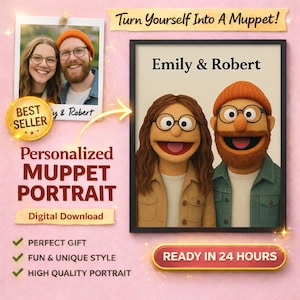 Custom Muppet Portrait from Photo – Personalized Digital Cartoon Download – Funny Couple Gift, Custom Puppet Illustration for Him & Her