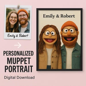 Custom Muppet Portrait from Photo – Personalized Digital Cartoon Download – Funny Couple Gift, Custom Puppet Illustration for Him & Her