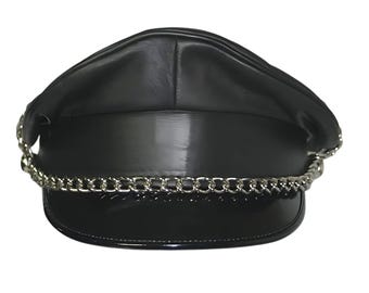Gorra Muir de cuero auténtico suave de primera calidad: gorra de motociclista y oficial con visera negra y cadena