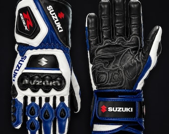 Suzuki GSXR Motorbike Racing Gloves | Blue White Leather Motorcycle Gloves for Biker Protection