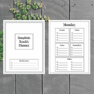 May include: A black and white printable planner page with the title "Monday" and sections for events, tasks, notes, reminders, and other. The page also includes a title for "Weekly Goals".