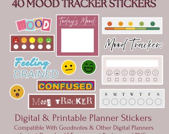 Cute Mood Tracker Stickers | 40 Planner PNGs (Digital & Printable)