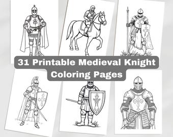 Medieval Knights Coloring Book: 31 Printable/Digital Knight Themed Coloring Pages (PDF)