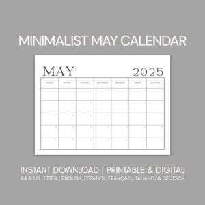 Minimalist May 2025 Calendar | Simple May Calendar and Monthly Planner | Available in 5 Languages | Instant Download