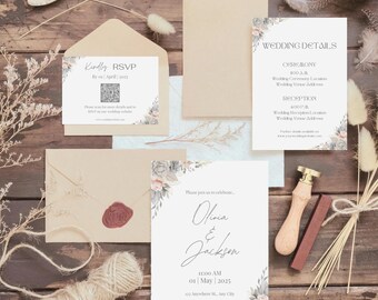 Floral Wedding Invitation Suite: Gray & White, Minimalist Design (Instant Download)