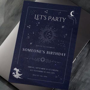 Invitation céleste personnalisable de fête d'anniversaire | Modèle de thème soleil et lune étoilés sur Canva