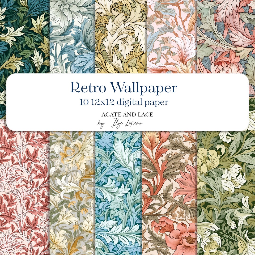 Retro Botanical Wallpaper Digital Scrapbook Paper 10 Repeating Pattern Seamless Clip Art PNG