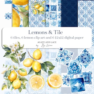 Blue and white Italian Watercolor Tile and Lemons Digital Scrapbook Paper and Clip Art, PNG, Jpeg