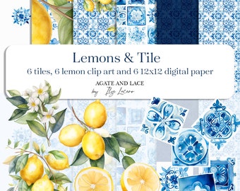 Blue and white Italian Watercolor Tile and Lemons Digital Scrapbook Paper and Clip Art, PNG, Jpeg