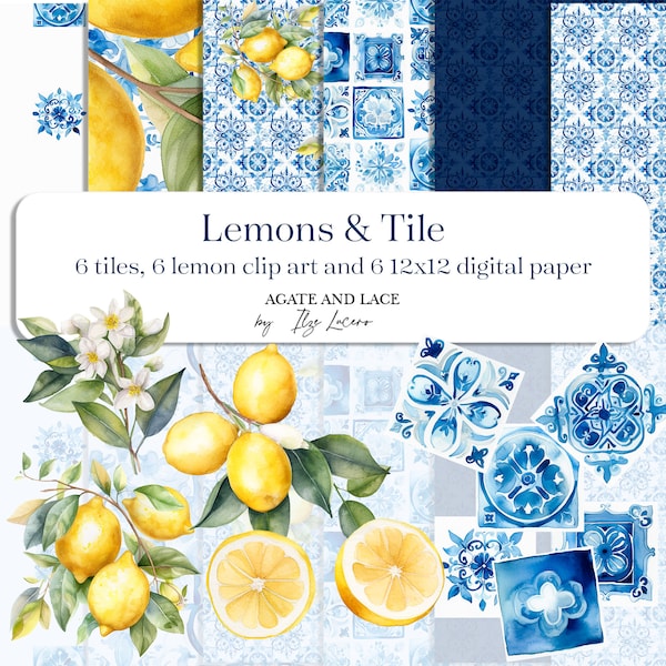 Blue and white Italian Watercolor Tile and Lemons Digital Scrapbook Paper and Clip Art, PNG, Jpeg