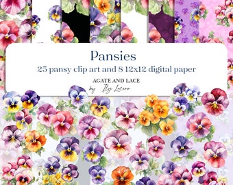 Pink Purple and Yellow Pansies Flower Floral Patterns Digital Pansy Scrapbook Paper and Clip ArtPNG, Jpeg