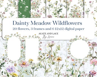 Dainty Delicate Wildflower Floral Patterns Digital wild meadow flower Scrapbook Paper and Clip ArtPNG, Jpeg