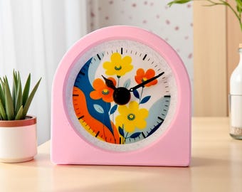Blush Pink Retro Table Clock: Floral Design, Silent Movement