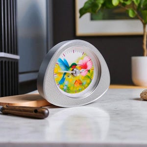 May include: A silver-toned, triangular-shaped clock with a colorful hummingbird and flower design on the face. The clock features a light-colored face with black hands and a textured silver frame. The background shows a blurred image of a house and flowers.