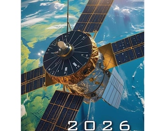 May include: 2026 calendar featuring a detailed illustration of a satellite in space, with solar panels and a metallic body. The background shows Earth with blue oceans and green landmasses. The calendar is spiral-bound.