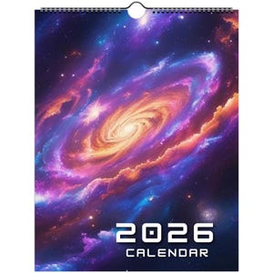 May include: A spiral-bound 2026 calendar featuring a vibrant depiction of a galaxy. The image showcases swirling nebulae in shades of purple, orange, and blue, with the text "2026 CALENDAR" at the bottom in white.