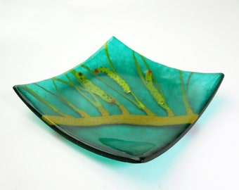 Pine Sawfly Neodiprion  larvae on Pine Needles Fused Glass Dish