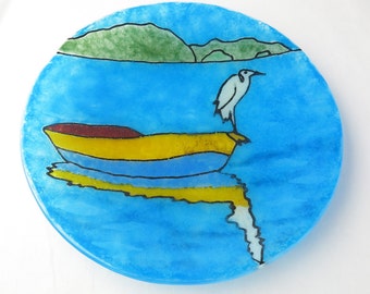Egret on a Boat fused Glass Dish