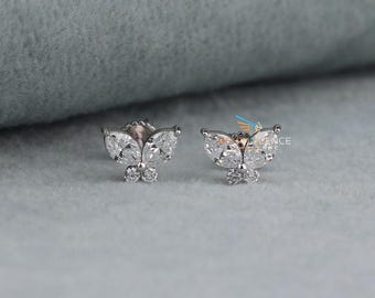 Pendientes de mariposa, pendientes de botón con diamantes cultivados en laboratorio en talla marquesa y redonda, pendientes de botón minimalistas y delicados, pendientes de mariposa para ella, oro de 14 quilates.