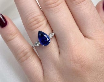 Anillo de compromiso con zafiro azul de 3,50 quilates, talla pera, diamantes cultivados en laboratorio, anillo en forma de lágrima, anillo de boda de oro de 14 quilates para mujer, regalo de aniversario