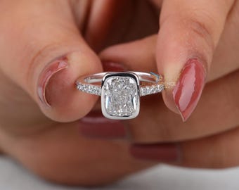 Anillo de compromiso de diamante cultivado en laboratorio de 3,16 quilates con corte cojín alargado, solitario engastado en bisel F VS2 con certificación IGI, anillo de aniversario creado en laboratorio