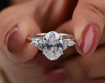 Anillo de compromiso de diamantes cultivados en laboratorio de 3,35 quilates y siete piedras, talla marquesa ovalada y redonda, con certificación IGI E VS1, creados en laboratorio, CVD, oro de 14 quilates.