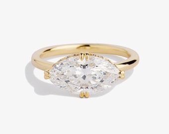Anillo Este-Oeste, anillo de compromiso con diamante cultivado en laboratorio de 3,10 quilates, talla marquesa, halo oculto, anillo de bodas de oro de 14 quilates para mujer, anillo de diamantes con desintegración de cobre (CVD)