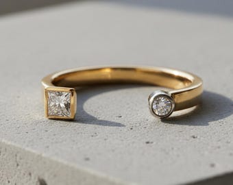 0.40 Carat Two Stone Round & Princess Cut Lab Grown Diamond Engagement Ring, Bezel Set Ring, Minimalist Dot Ring, Daily Wear Open Cuff Ring