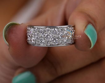 Alianza de media eternidad con diamantes redondos cultivados en laboratorio de 3 quilates, anillo ancho con engaste pavé, oro blanco de 14 quilates, diamantes creados en laboratorio para mujer y hombre.