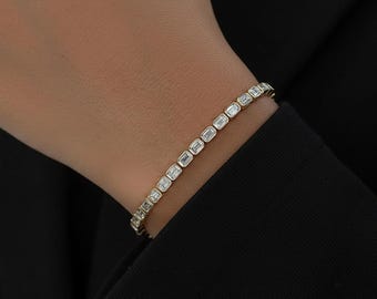 Pulsera de tenis con engaste de bisel de este a oeste, pulsera de tenis con diamantes cultivados en laboratorio de talla esmeralda, pulsera de oro de 14 quilates para mujer, regalo de aniversario de bodas
