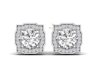 Pendientes de botón con halo de diamantes redondos cultivados en laboratorio de 2,25 quilates con certificación IGI D/VS2, con cierre a presión, regalo de aniversario de boda para mujer, oro de 14 quilates.