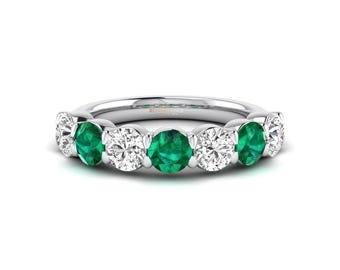 Anillo de media eternidad con esmeralda blanca y verde, alianza de boda con diamantes redondos cultivados en laboratorio, anillo de compromiso de siete piedras, para mujer, oro de 14 quilates