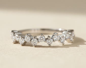 Round Cut Lab Grown Diamond Half Eternity Band, 0.20 Carat E-F Color Minimalist Wedding Band, 14K Gold Lab Created Diamond Daily Wear Ring