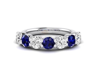 Anillo de siete piedras, alianza de boda con zafiro blanco y azul y diamantes cultivados en laboratorio, media eternidad con diamantes redondos creados en laboratorio, alianza a juego para ella.