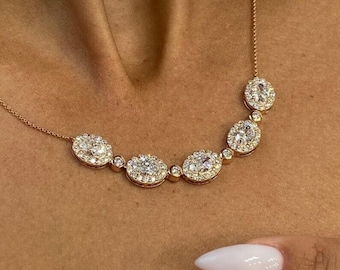 Oval Lab Grown Diamond Necklace, 14k White Gold Five Stone Pendant, Halo Lab Created Diamond Engagement Necklace, Anniversary Gift For Her
