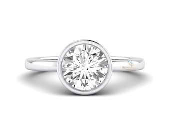 Anillo de compromiso de diamante redondo cultivado en laboratorio de 2 quilates, solitario engastado en bisel con certificación IGI D VS2, anillo de bodas de oro de 14 quilates con diamante creado en laboratorio para ella.