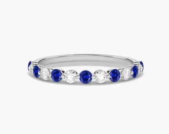 Anillo de media eternidad con diamantes redondos cultivados en laboratorio de 0,80 quilates en azul y blanco, alianza de boda con diamantes creados en laboratorio de calidad E-F VVS-VS, anillo minimalista para uso diario.