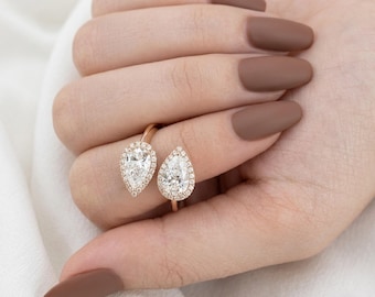 Anillo Toi et Moi con diamante cultivado en laboratorio, talla pera, certificado por IGI, E VS1, de 3,35 quilates, con halo y diseño tipo bypass, ideal como regalo de aniversario o para bodas en oro de 14k.