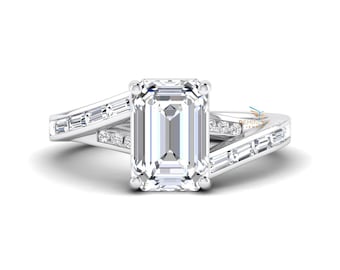 Anillo de compromiso con diamante cultivado en laboratorio de 3 quilates de talla esmeralda con certificación IGI - Caña dividida con bypass